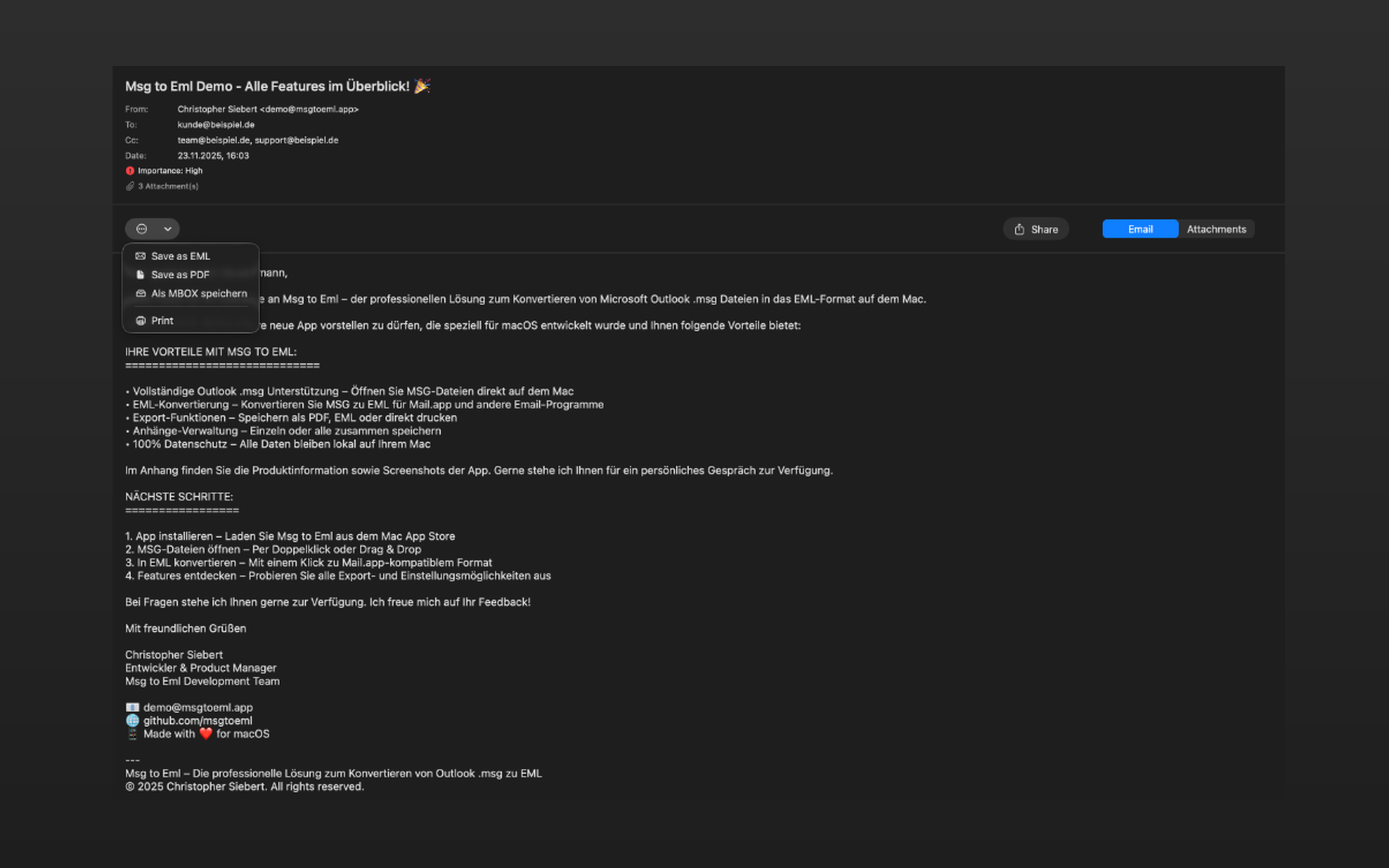 Geöffnete .msg-E-Mail in MsgToEml mit ausgeklapptem Export-Menü (EML, PDF, MBOX, Drucken)